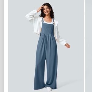 Halara Women's Pockets Waffle Casual Overalls Wide Leg Blue NWT Size Small